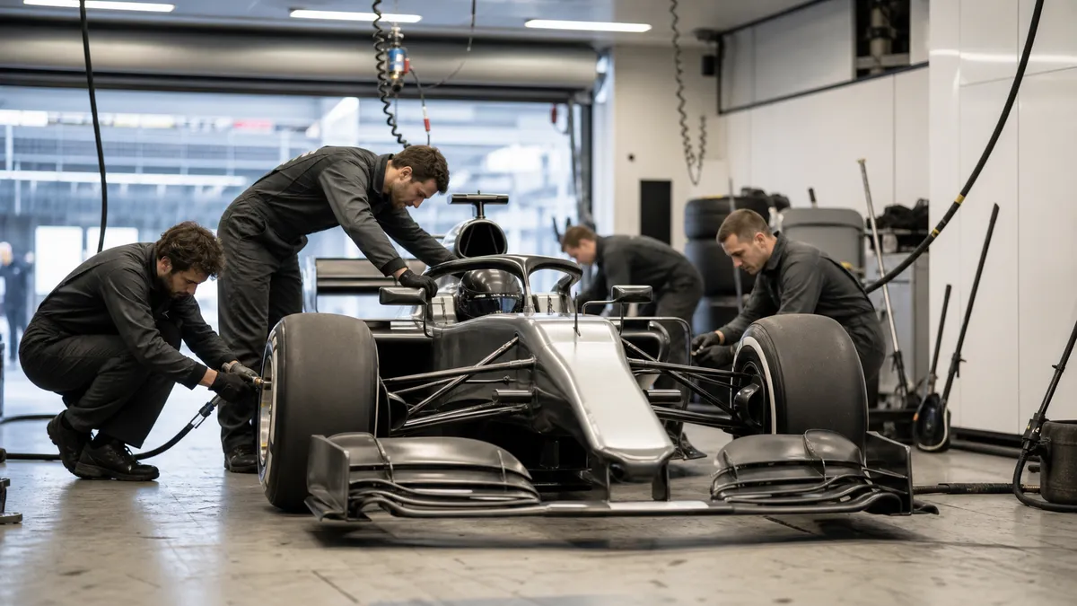 Mekaniker arbetar runt en Formel 1-bil i ett upplyst depågarage under en tävlingshelg