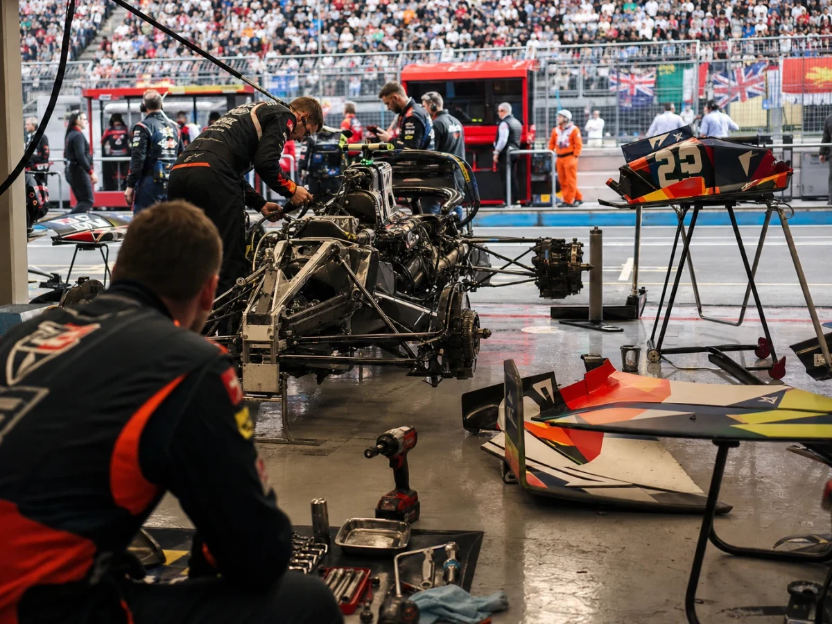 Genomskuret motiv av en formel 1-bil som visar chassi, vingar, kraftenhet och däck.