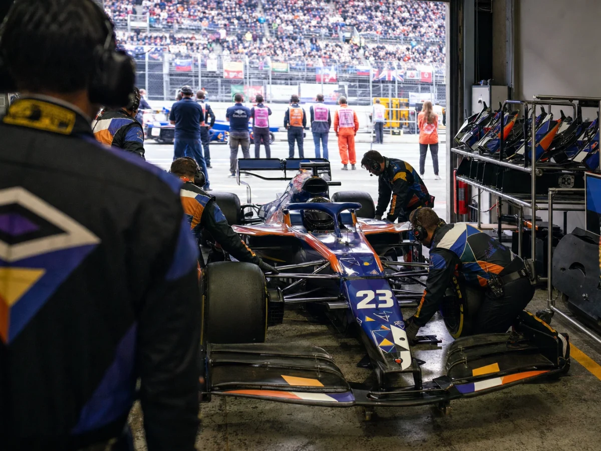 Formel 1-bil delvis isärtagen i ett garage med chassi, motor och vingar synliga.