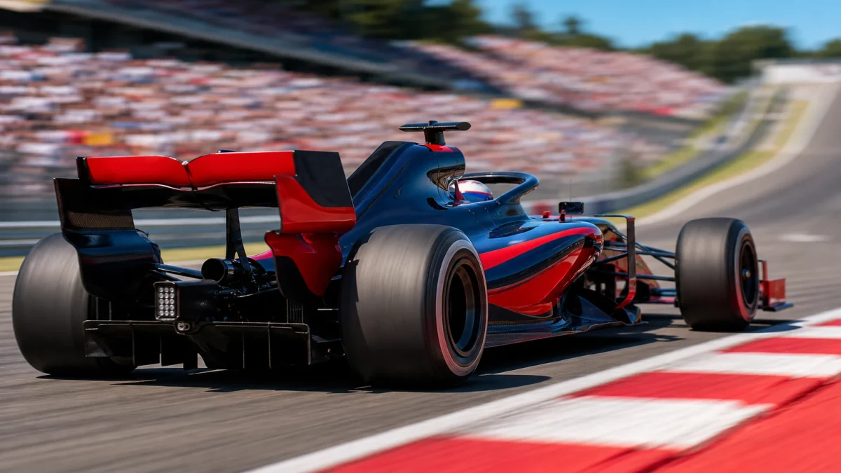 Mörkblå formel 1-bil utan synliga sponsormärken på väg genom en snabb kurva i dagsljus.