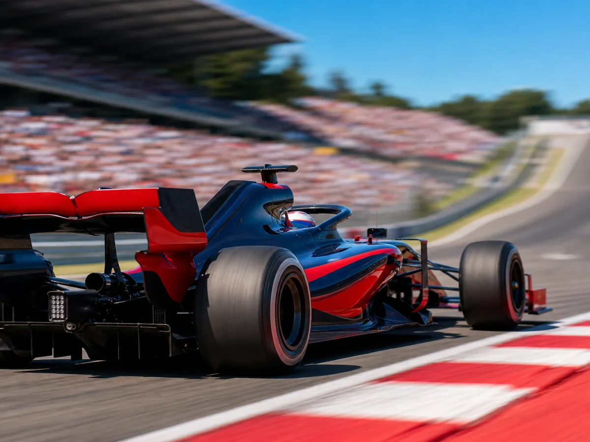 Mörkblå formel 1-bil utan synliga sponsormärken på väg genom en snabb kurva i dagsljus.