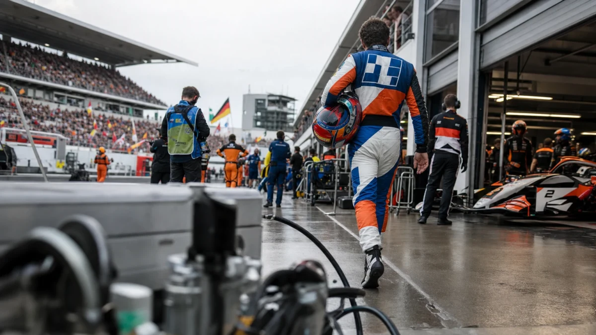 Prispallen på en formel 1-bana med tre tomma pallplatser och läktare i bakgrunden.
