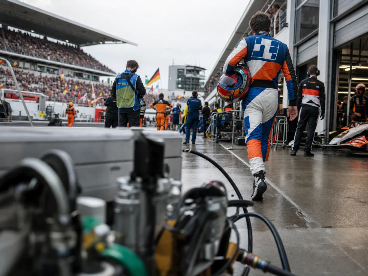 Prispallen på en formel 1-bana med tre tomma pallplatser och läktare i bakgrunden.