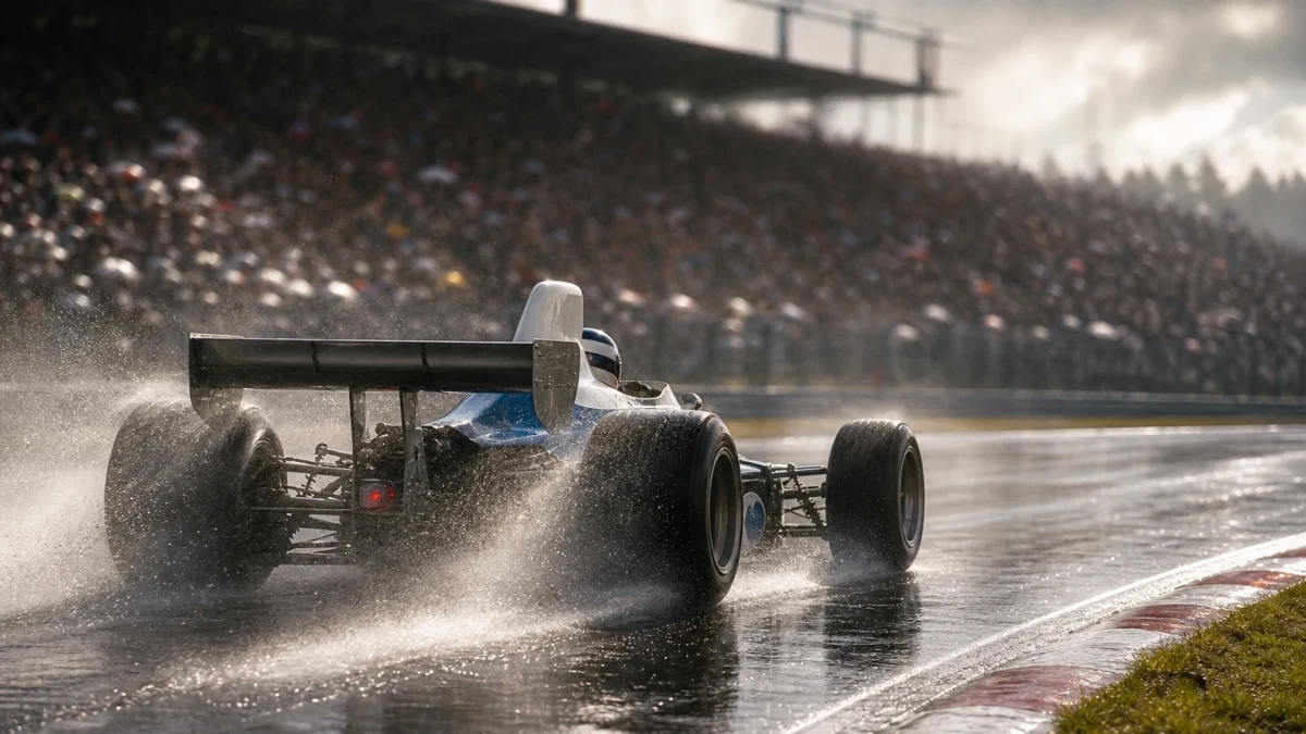 En klassisk formel 1-bil från mitten av sjuttiotalet på en våt bana i motljus.