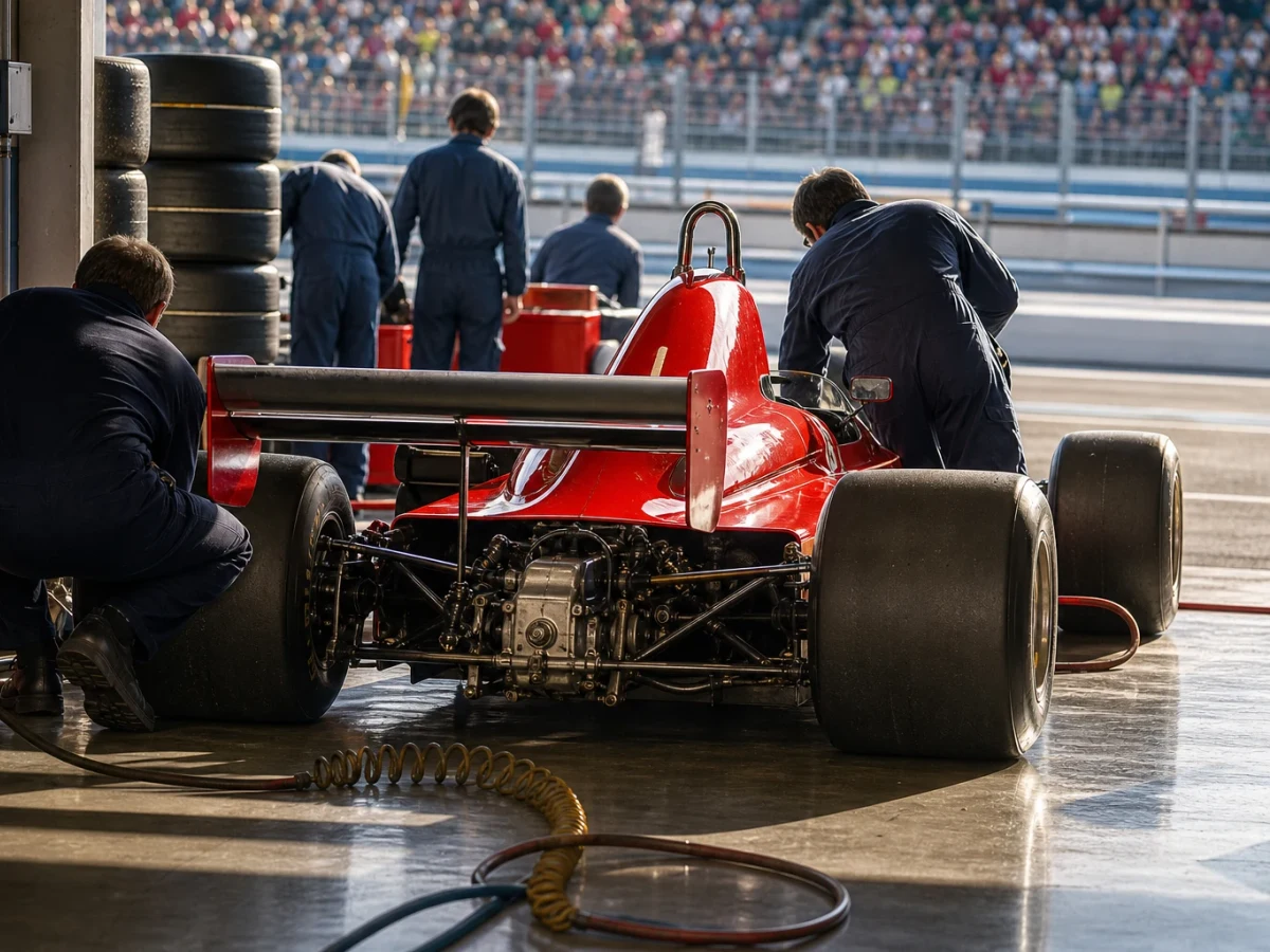 Röd formel 1-bil i en depågata med mekaniker runt bilen i en stämning från 1980-talet.