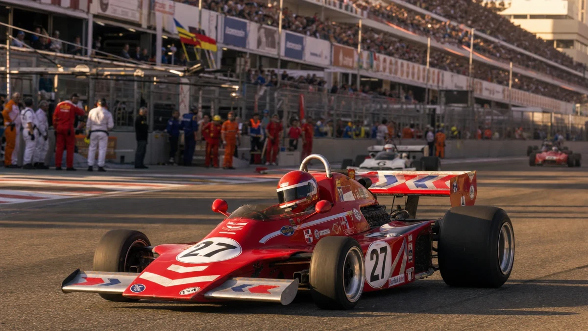 Rad av historiska formel 1-bilar i olika färger uppställda på en startraka.