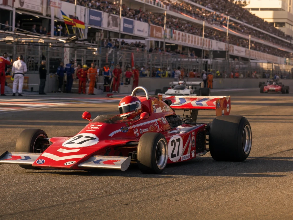 Rad av historiska formel 1-bilar i olika färger uppställda på en startraka.