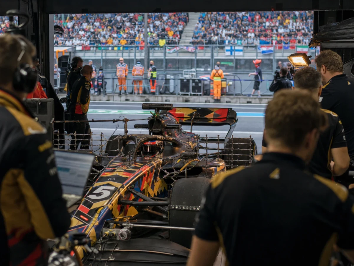 Vitlackerad formel 1-bil från ett amerikanskt nykomlingsstall på en solstekt bergsbana under en snabb kurva.