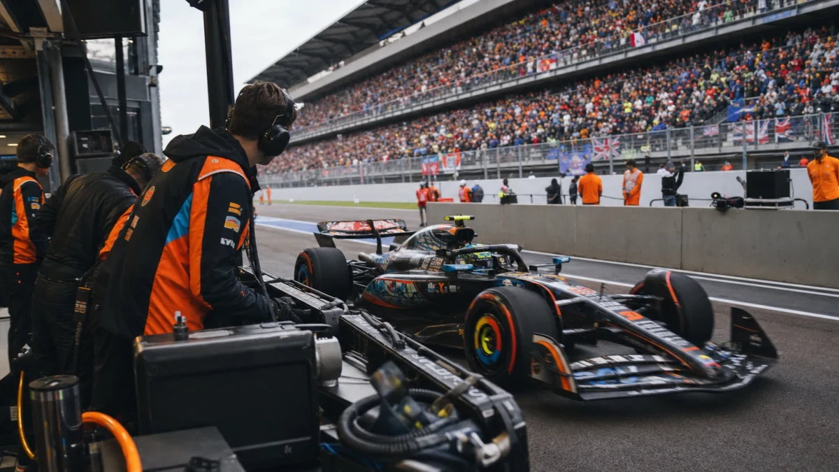 Två formel 1-bilar sida vid sida på en lång raksträcka i hög fart.