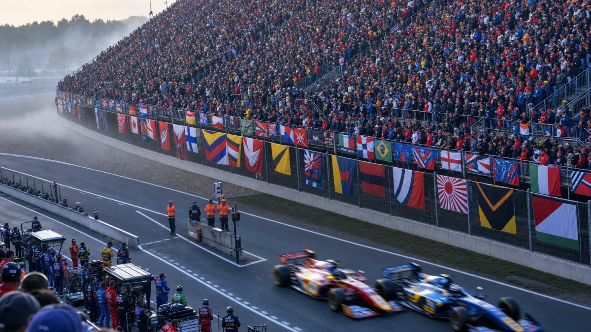Röd formelbil leder loppet genom en snabb kurva på Silverstone i sommarljus.