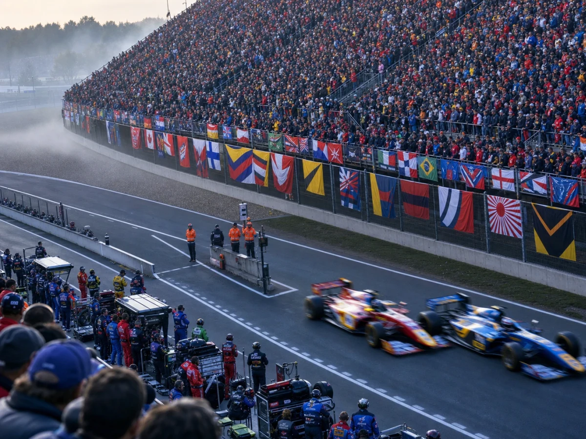 Röd formelbil leder loppet genom en snabb kurva på Silverstone i sommarljus.