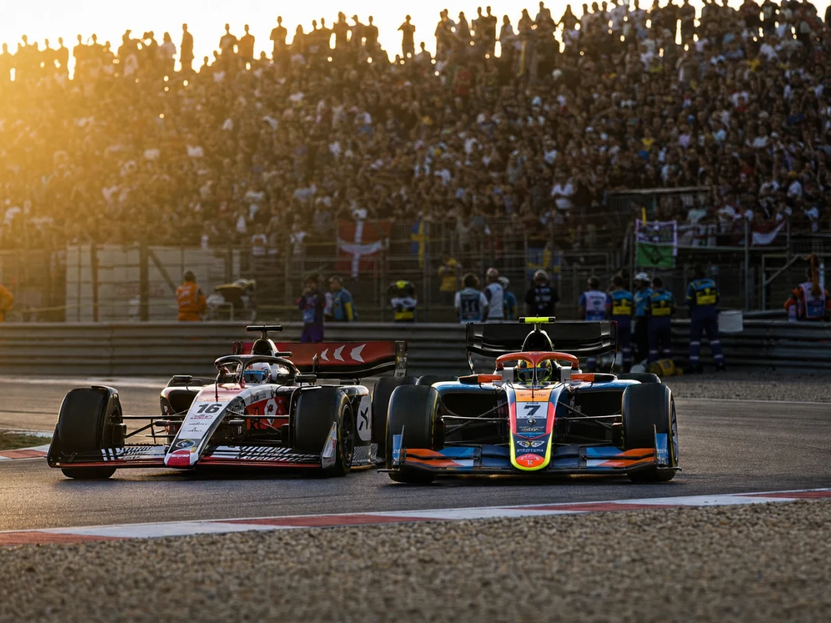 Två formel 1-bilar i olika stallfärger sida vid sida i pitgatan under en grand prix-helg.