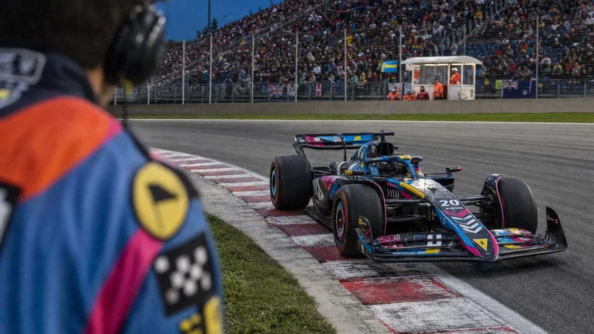 Formel 1-bil på den främsta startrutan på en startgrid inför ett lopp.