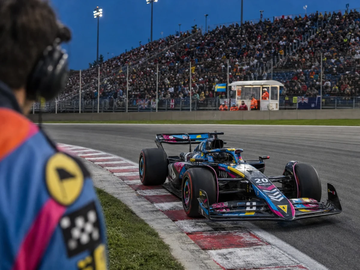 Formel 1-bil på den främsta startrutan på en startgrid inför ett lopp.