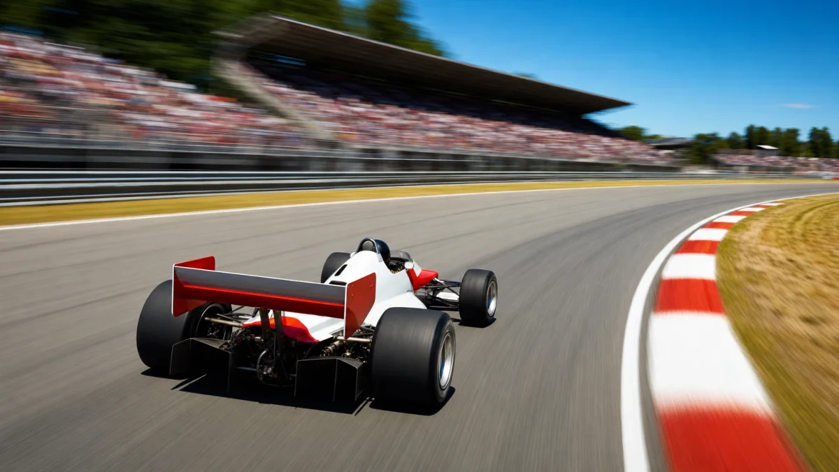 Formel 1-bil från åttiotalet i mjukt motljus på en klassisk racerbana, sedd bakifrån genom en långsam kurva.