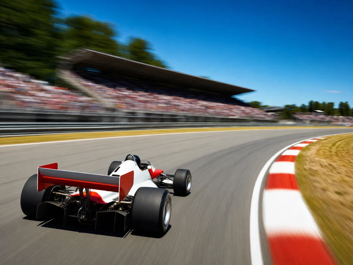 Formel 1-bil från åttiotalet i mjukt motljus på en klassisk racerbana, sedd bakifrån genom en långsam kurva.