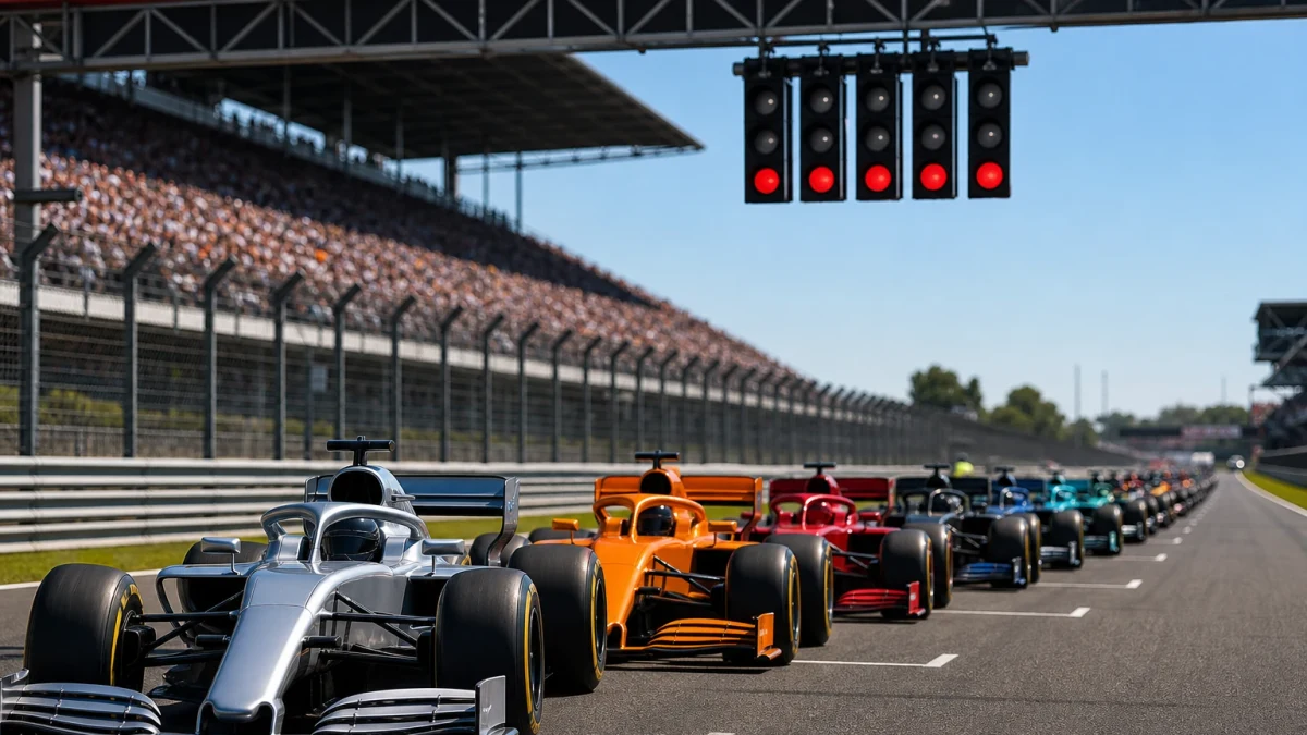 Formelbilar uppställda på startfältet inför ett grand prix, sedda på avstånd.