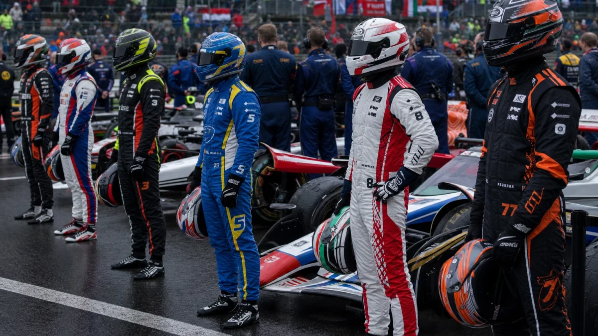 Startfält med formel 1-bilar uppradade på en startlinje inför loppstart.