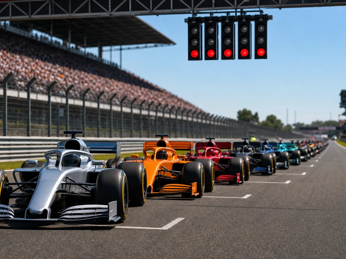 Startfält med formel 1-bilar uppradade på en startlinje inför loppstart.