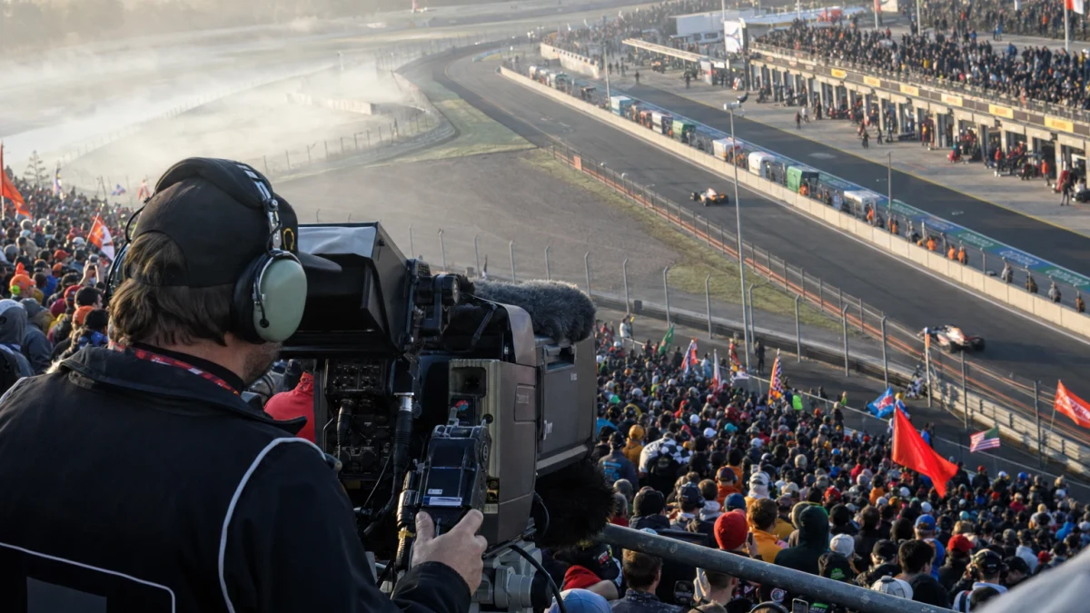 Tv-fotograf filmar loppet fran en kameraplattform vid banan.