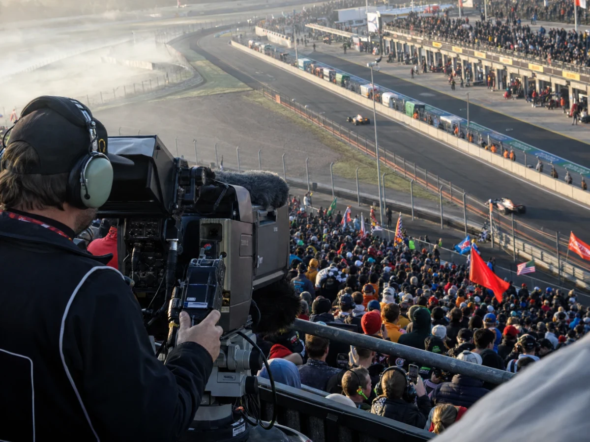 Tv-fotograf filmar loppet fran en kameraplattform vid banan.